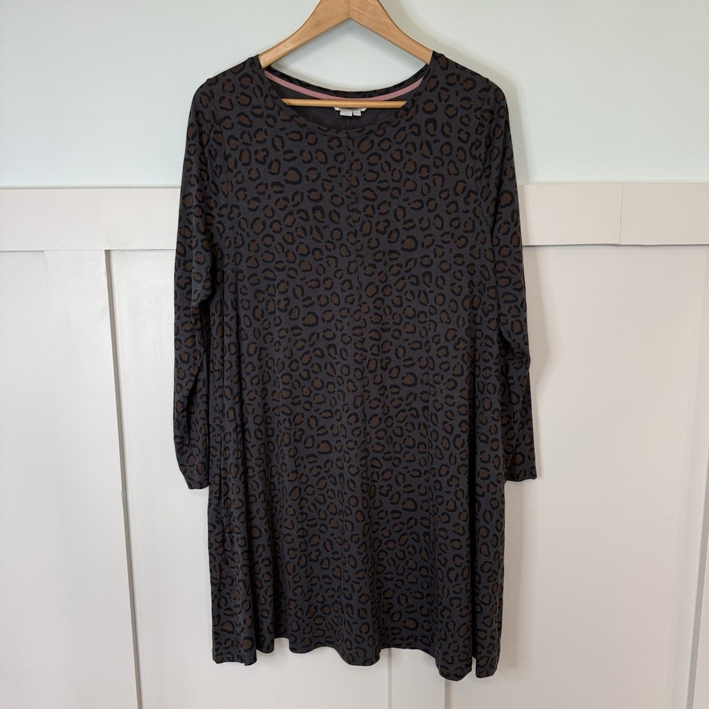 Boden Tunic Dress Women's‎ 14 Long Gray Black Animal Print Leopard Long Sleeve